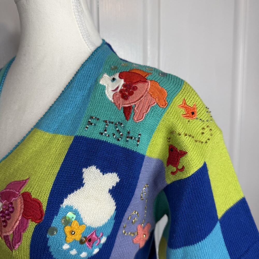 Berek Fish Sweater Cardigan Womens Small Beaded Embroidered Colorful Crochet - Picture 3 of 8